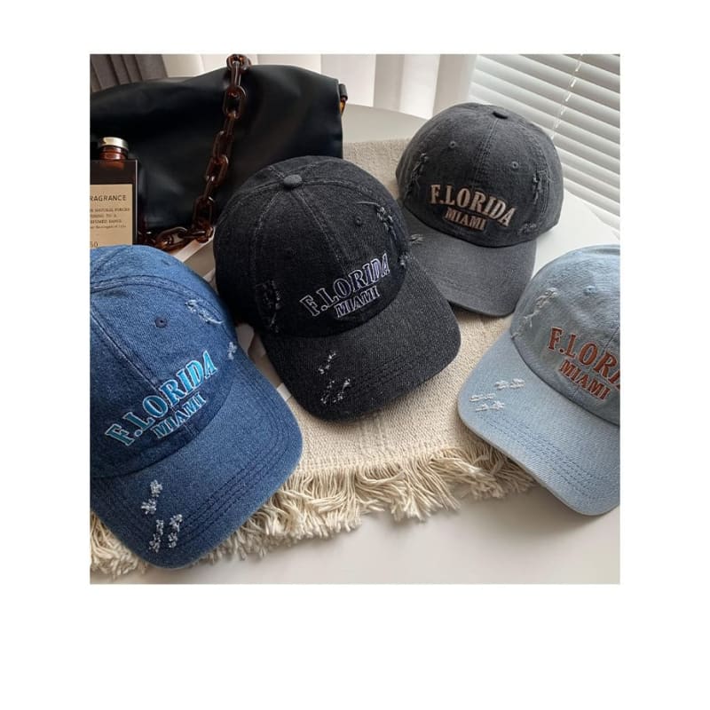 Lettering Embroidered Distressed Denim Baseball Cap