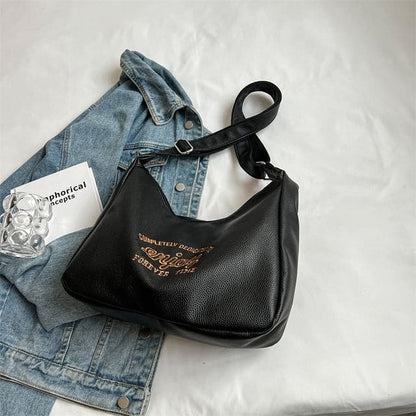 Lettering Embroidered Faux Leather Crossbody Bag / Bag