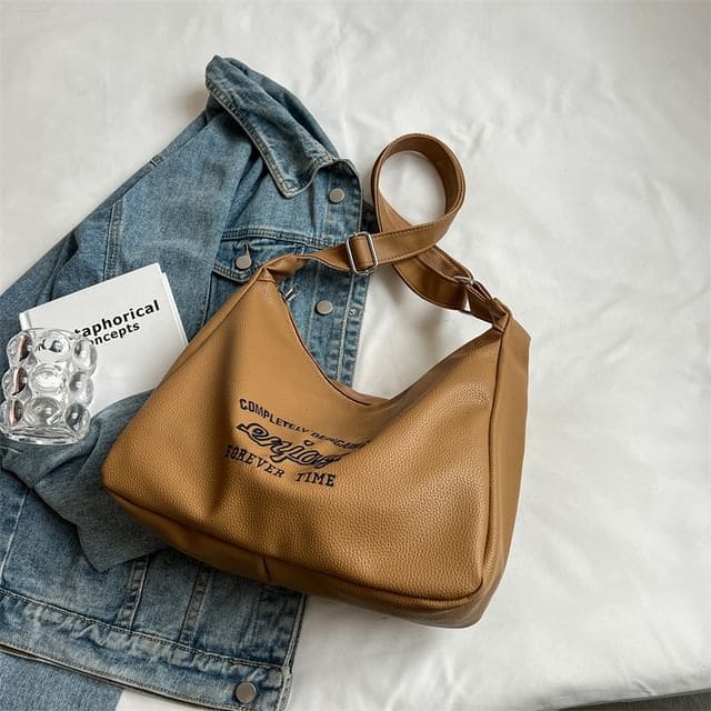 Lettering Embroidered Faux Leather Crossbody Bag / Bag