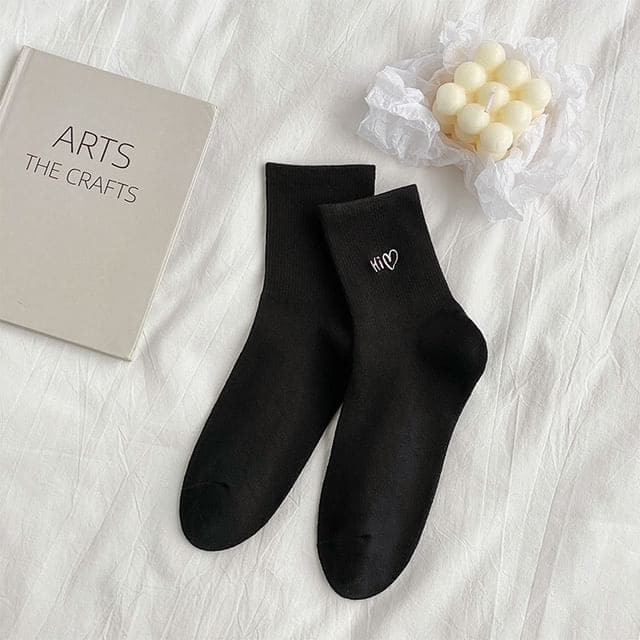 Lettering Embroidered Socks / Set - Black / One Size