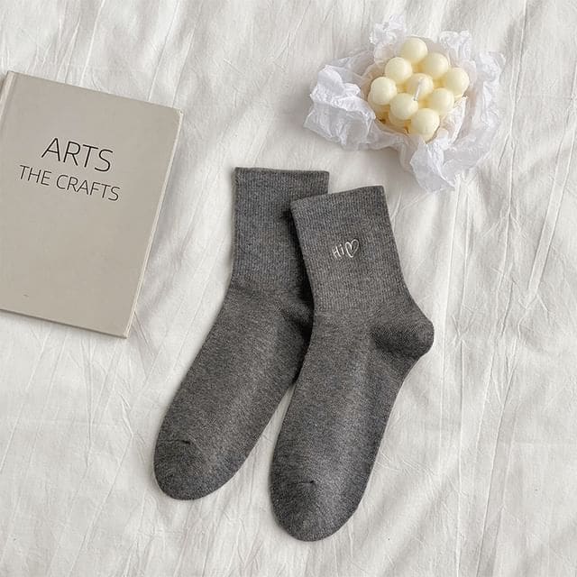 Lettering Embroidered Socks / Set - Dark Gray / One Size