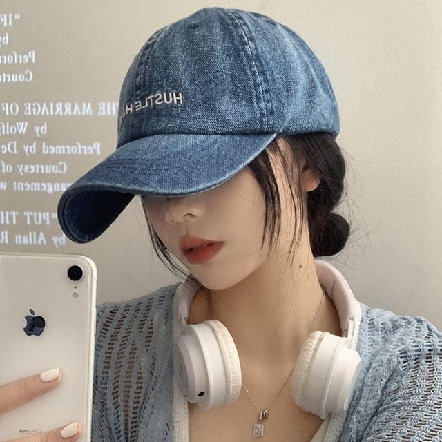 Lettering Embroidered Washed Denim Baseball Cap