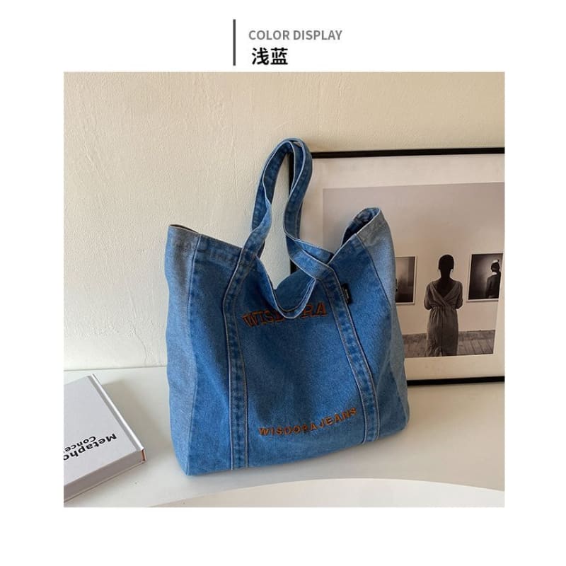 Lettering Embroidered Washed Denim Tote Bag