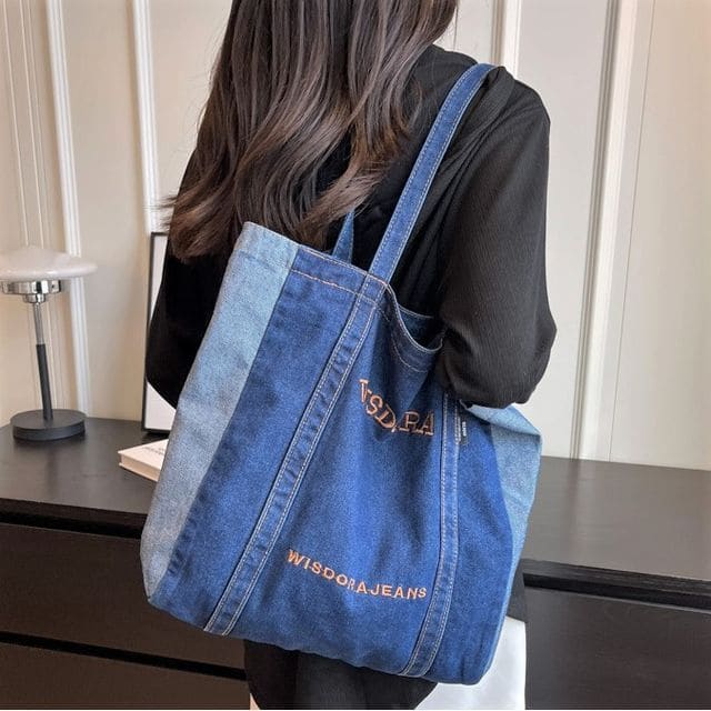 Lettering Embroidered Washed Denim Tote Bag