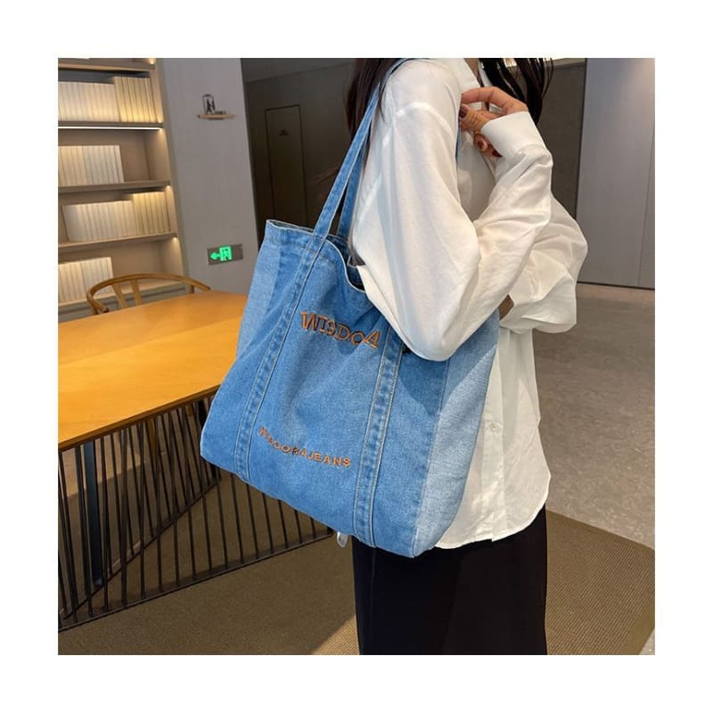 Lettering Embroidered Washed Denim Tote Bag