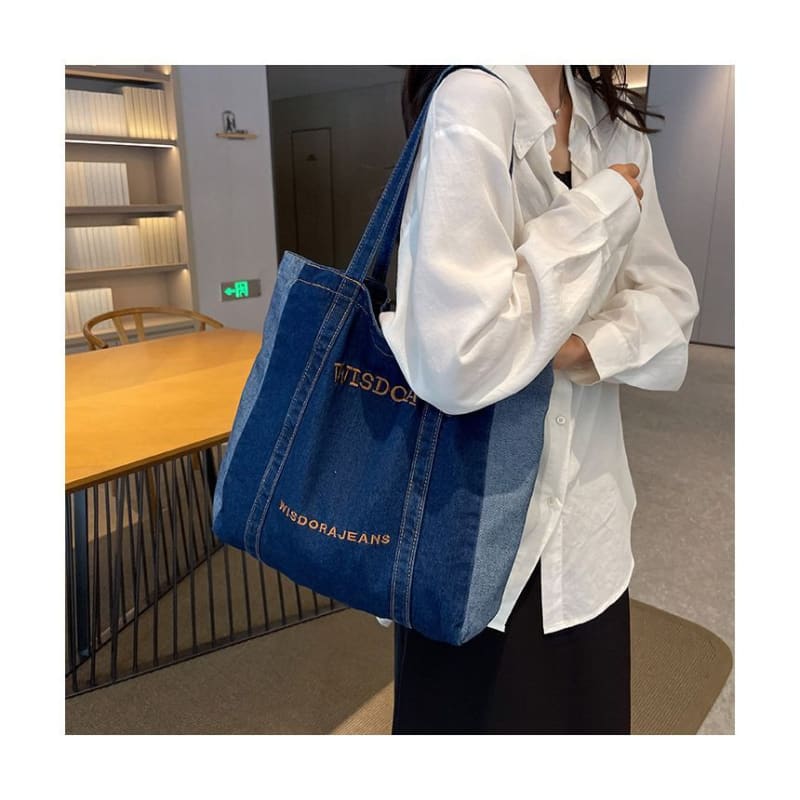 Lettering Embroidered Washed Denim Tote Bag