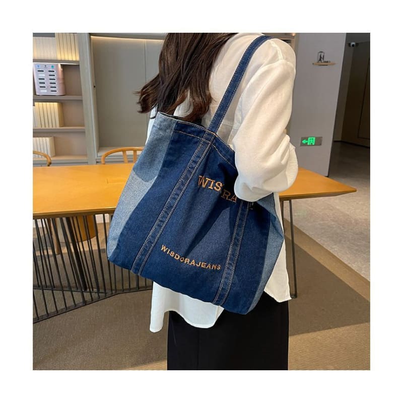 Lettering Embroidered Washed Denim Tote Bag