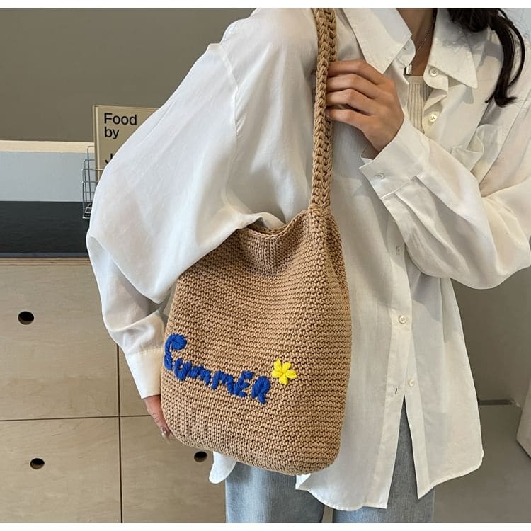 Lettering Embroidered Woven Bucket Bag