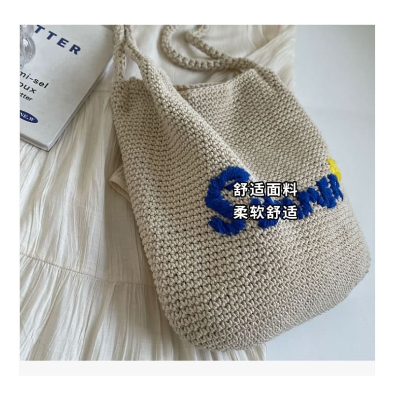 Lettering Embroidered Woven Bucket Bag