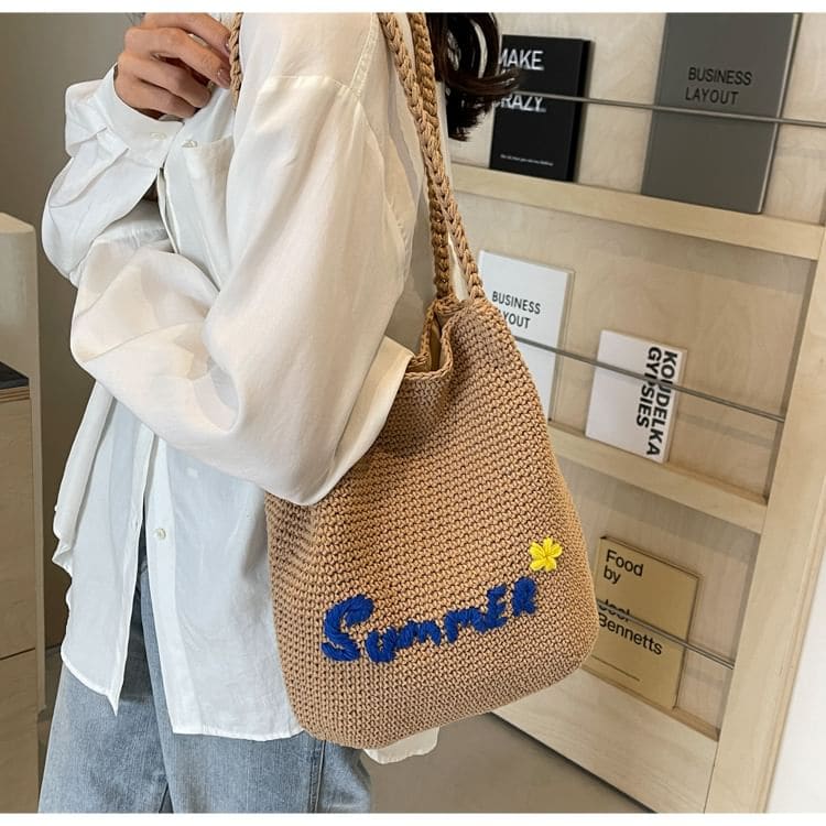 Lettering Embroidered Woven Bucket Bag