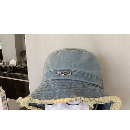 Lettering Fringed Denim Bucket Hat