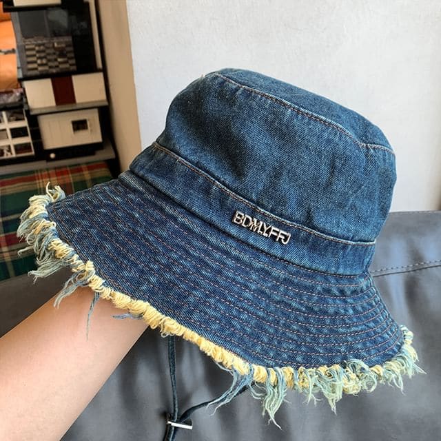 Lettering Fringed Denim Bucket Hat - Dark Blue / One Size