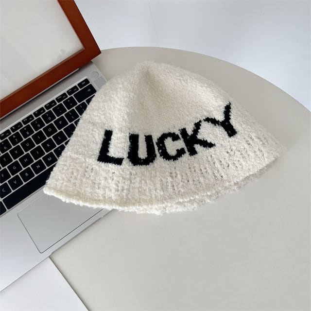 Lettering Knit Cloche Hat - Beige / M