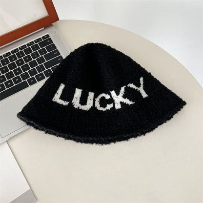 Lettering Knit Cloche Hat - Black / M