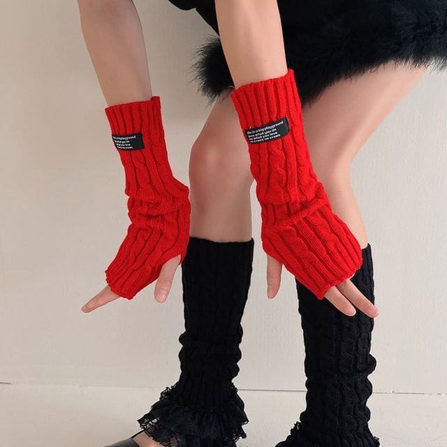 Lettering Knit Gloves - Red / One Size