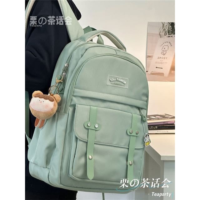 Lettering Label Buckled Flap Laptop Backpack - With Bear