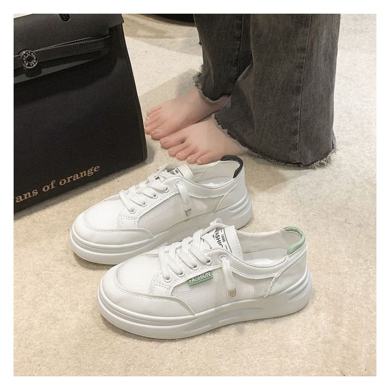 Lettering Mesh Panel Lace-Up Platform Sneakers