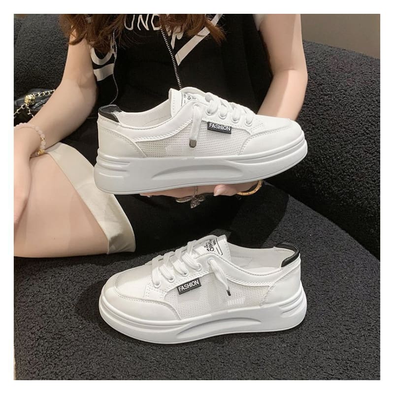 Lettering Mesh Panel Lace-Up Platform Sneakers