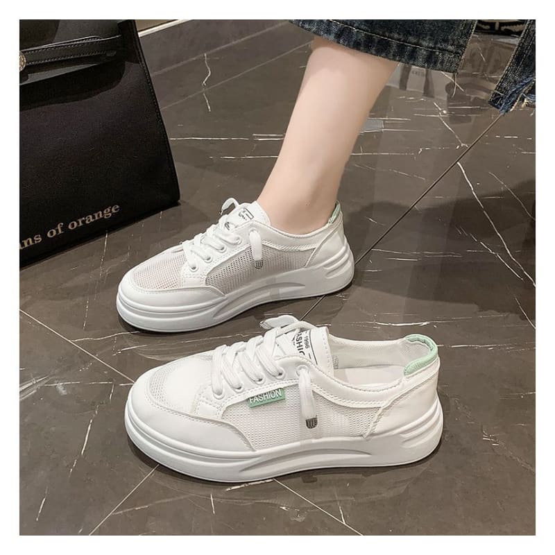 Lettering Mesh Panel Lace-Up Platform Sneakers