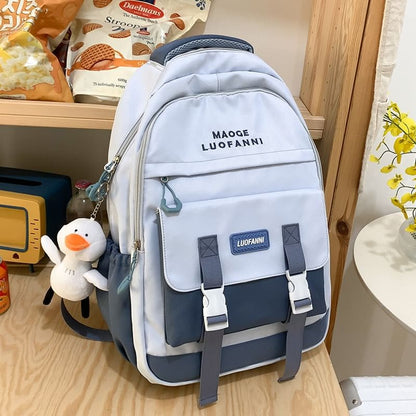 Lettering Paneled Buckled Backpack / Duck Charm / Set