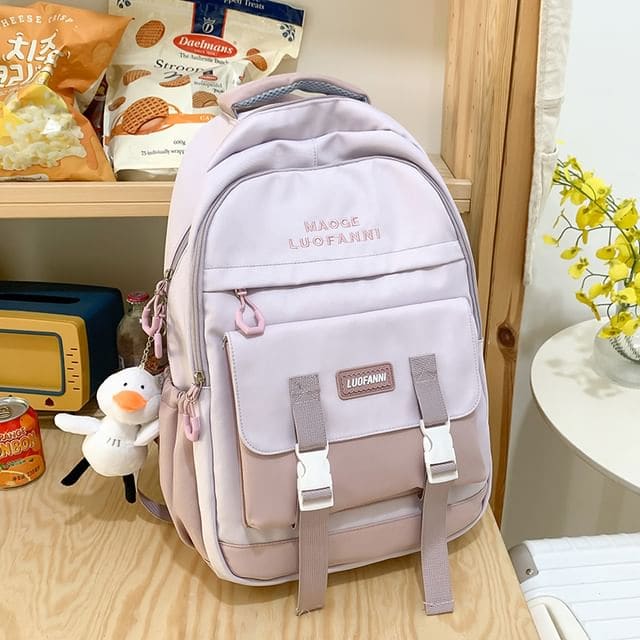 Lettering Paneled Buckled Backpack / Duck Charm / Set