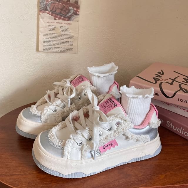 Lettering Platform Sneakers - Off-White & Pink / 35