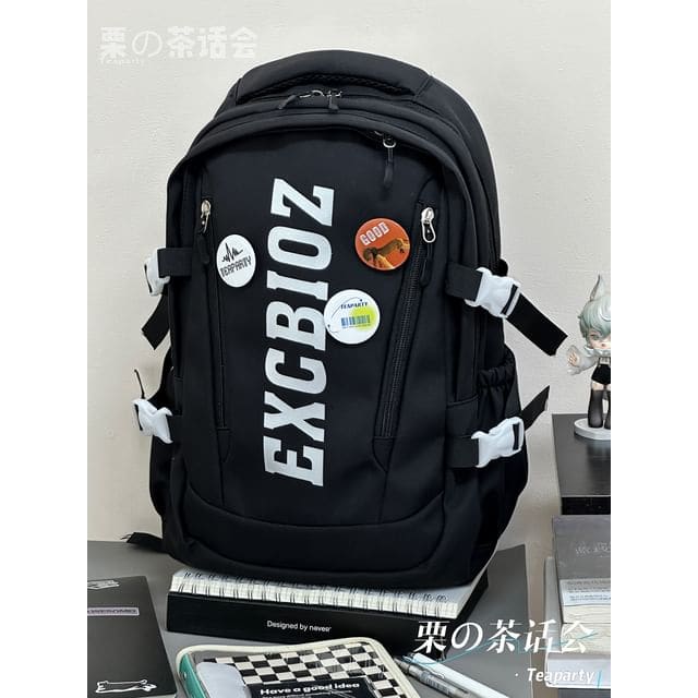 Lettering Print Buckle Backpack - Without Charm - Black