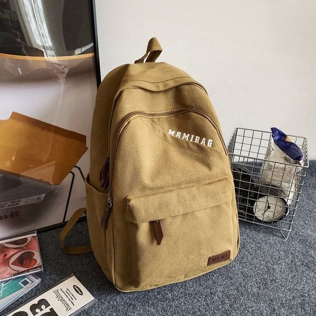 Lettering Print Canvas Backpack - Without Charm - Khaki