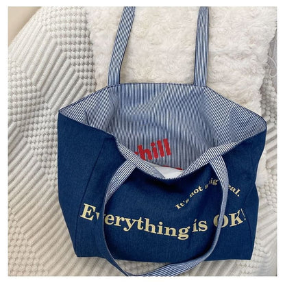 Lettering Print Canvas Tote Bag