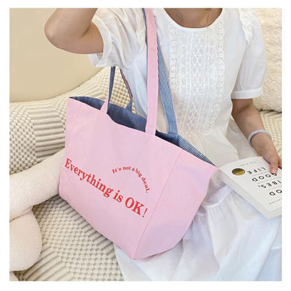 Lettering Print Canvas Tote Bag