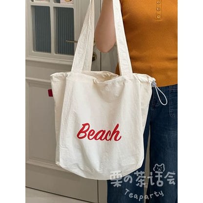 Lettering Print Drawstring Tote Bag / Bag Charm / Set - Red