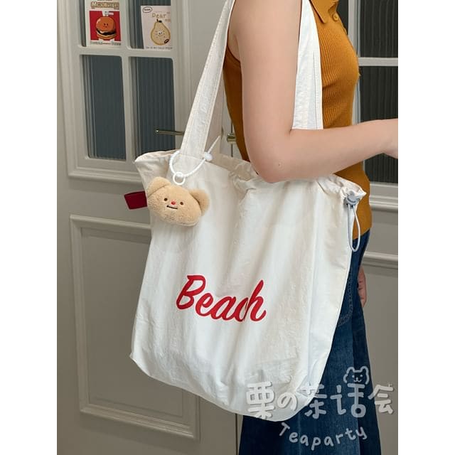 Lettering Print Drawstring Tote Bag / Bag Charm / Set