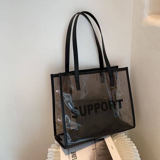 Lettering Print PVC Tote Bag - Transparent Black / One Size