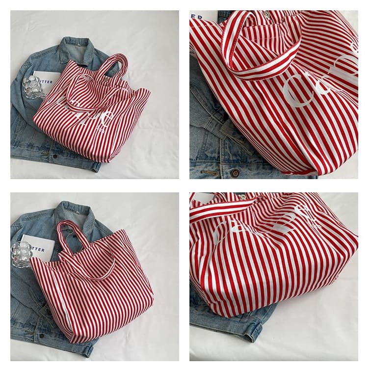 Lettering Print Striped Canvas Tote Bag