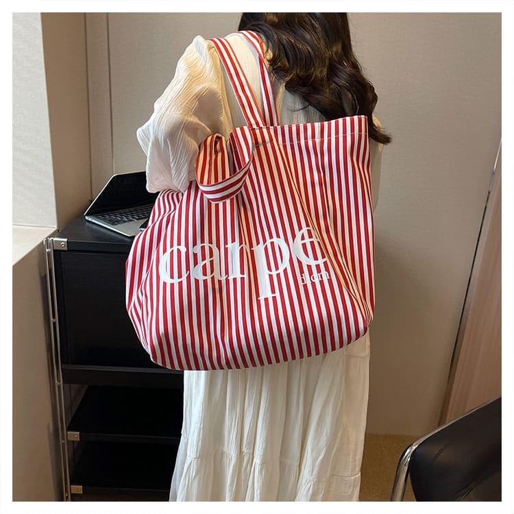 Lettering Print Striped Canvas Tote Bag