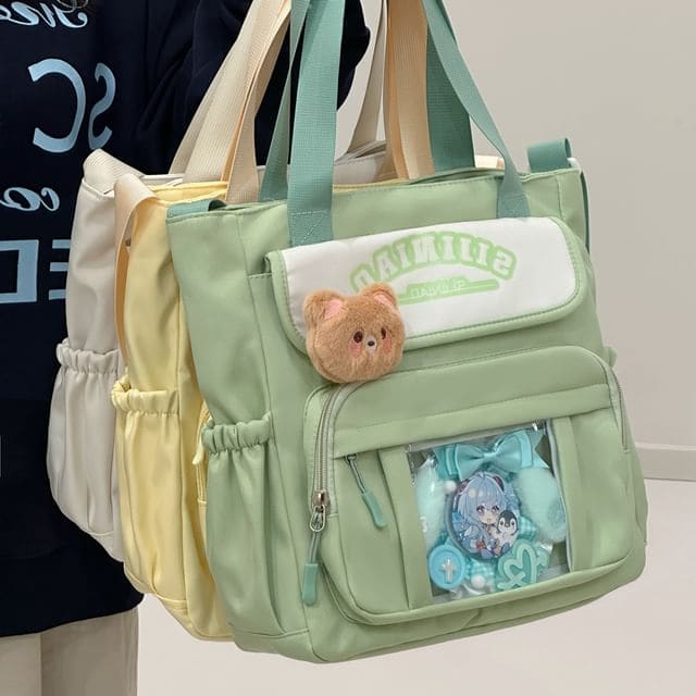 Lettering Print Transparent Panel Crossbody Tote Bag