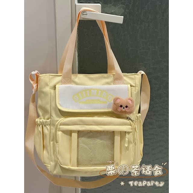 Lettering Print Transparent Panel Crossbody Tote Bag