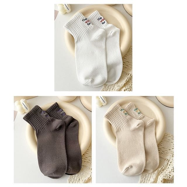 Lettering Socks Set - 3 Pairs - White & Dark Coffee & Khaki