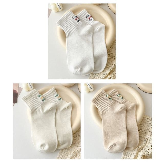 Lettering Socks Set - 3 Pairs - White & Milky White & Khaki