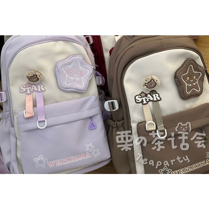 Lettering Star Embroidered Multi-Pocket Backpack / Bag