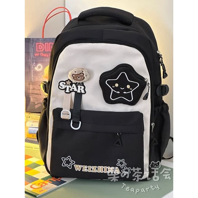 Lettering Star Embroidered Multi-Pocket Backpack / Bag