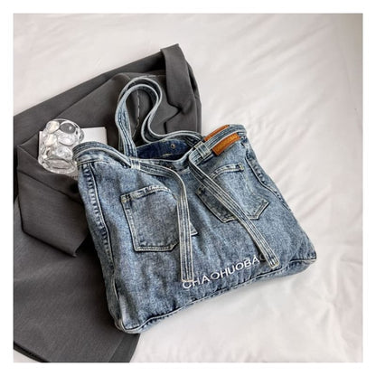 Lettering Washed Denim Tote Bag