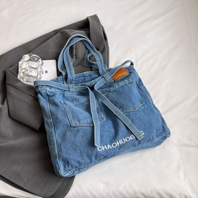 Lettering Washed Denim Tote Bag - Blue / One Size