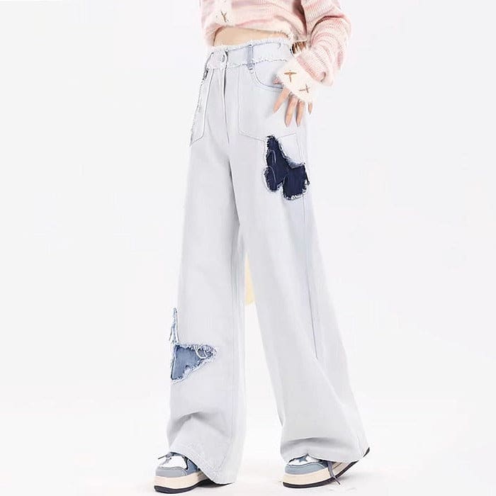 Light Blue Butterfly Aesthetic Jeans - Jeans