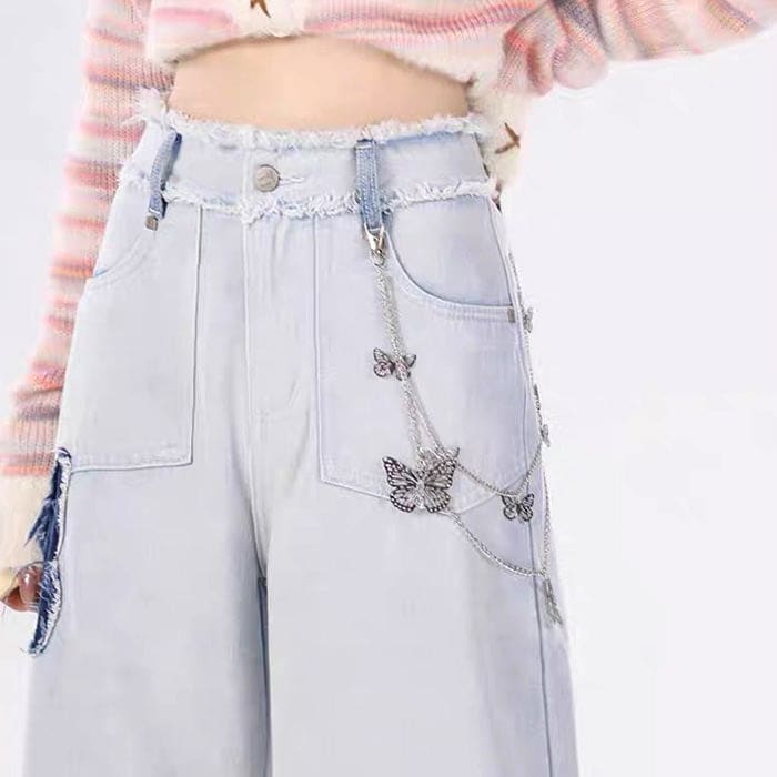 Light Blue Butterfly Aesthetic Jeans - Jeans