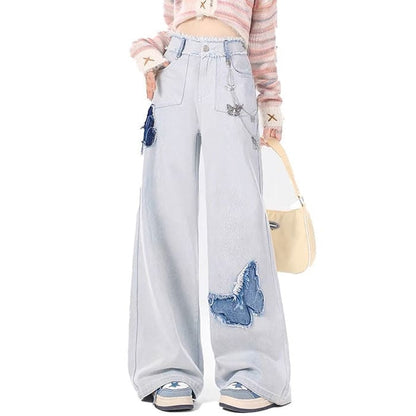 Light Blue Butterfly Aesthetic Jeans - Jeans