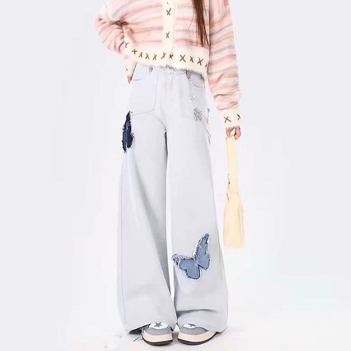 Light Blue Butterfly Aesthetic Jeans - Jeans