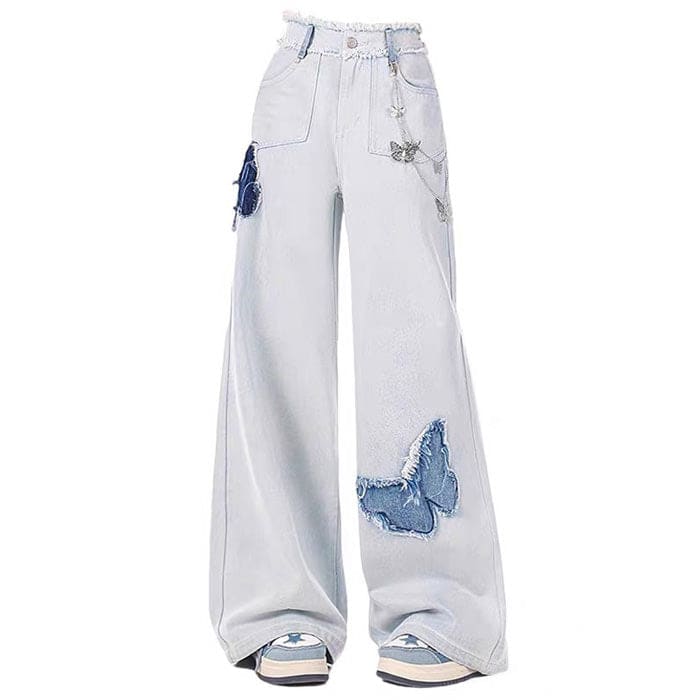 Light Blue Butterfly Aesthetic Jeans - S / Blue - Jeans