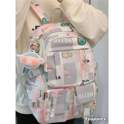 Lightweight Cartoon Print Backpack - With Sheep Charm