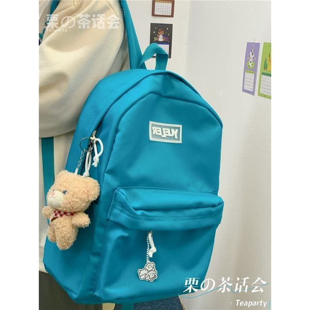 Lightweight Lettering Zip Backpack - With Bear - Aqua Blue